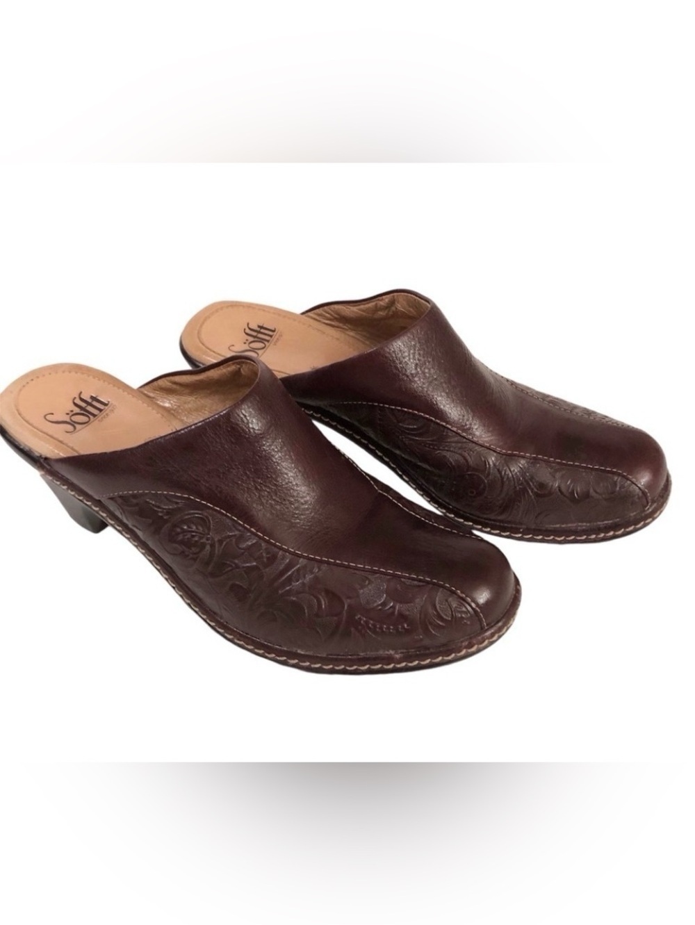 Sofft Hand Tooled Brown Burgundy Leather Heeled Mules Clogs Slides size 7.5